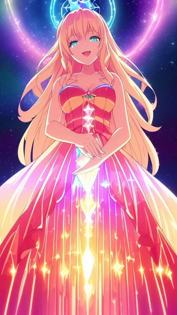 beautiful girl, puffy tiered ballgown, vibrant pastel colors,(20years old,madure female),white dress,cleavage,sleeveless,((glowing blonde long hair)), magical lights, sparkling magical liquid, inspired by Glen Keane, inspired by Lois van Baarle, disney art style, by Lois van Baarle, glowing aura around her, by Glen Keane, jen bartel, glowing lights! digital painting, flowing glowing hair, glowing flowing hair, beautiful digital illustration, fantasia background, whimsical, magical, fantasy, ((masterpiece, best quality)), intricate details, highly detailed, sharp focus, 8k resolution, sparkling detailed eyes, liquid watercolor,(extra arms),squinted eyes,:D,evil smile,from below