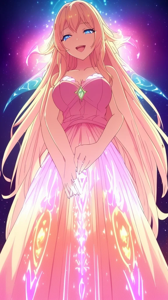 beautiful girl, puffy tiered ballgown, vibrant pastel colors,(20years old,madure female),white dress,cleavage,sleeveless,((glowing blonde long hair)), magical lights, sparkling magical liquid, inspired by Glen Keane, inspired by Lois van Baarle, disney art style, by Lois van Baarle, glowing aura around her, by Glen Keane, jen bartel, glowing lights! digital painting, flowing glowing hair, glowing flowing hair, beautiful digital illustration, fantasia background, whimsical, magical, fantasy, ((masterpiece, best quality)), intricate details, highly detailed, sharp focus, 8k resolution, sparkling detailed eyes, liquid watercolor,(extra arms),squinted eyes,:D,evil smile,from below