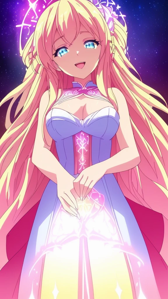 beautiful girl, puffy tiered ballgown, vibrant pastel colors,(20years old,madure female),white dress,cleavage,sleeveless,((glowing blonde long hair)), magical lights, sparkling magical liquid, inspired by Glen Keane, inspired by Lois van Baarle, disney art style, by Lois van Baarle, glowing aura around her, by Glen Keane, jen bartel, glowing lights! digital painting, flowing glowing hair, glowing flowing hair, beautiful digital illustration, fantasia background, whimsical, magical, fantasy, ((masterpiece, best quality)), intricate details, highly detailed, sharp focus, 8k resolution, sparkling detailed eyes, liquid watercolor,(extra arms),squinted eyes,:D,evil smile,from below