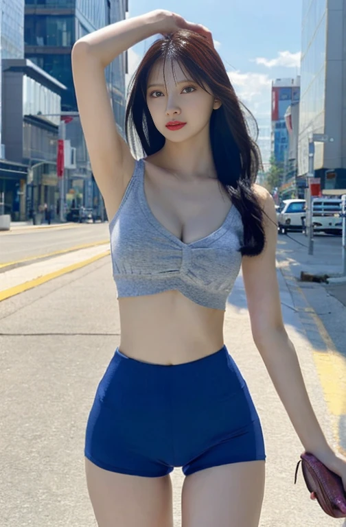 Lady, pose seductively to the viewer, alone:1, throw, Beautiful thick thighs,
Entertainment district background, Long Hair, 3/4 bodies, V-neck mini hot shorts