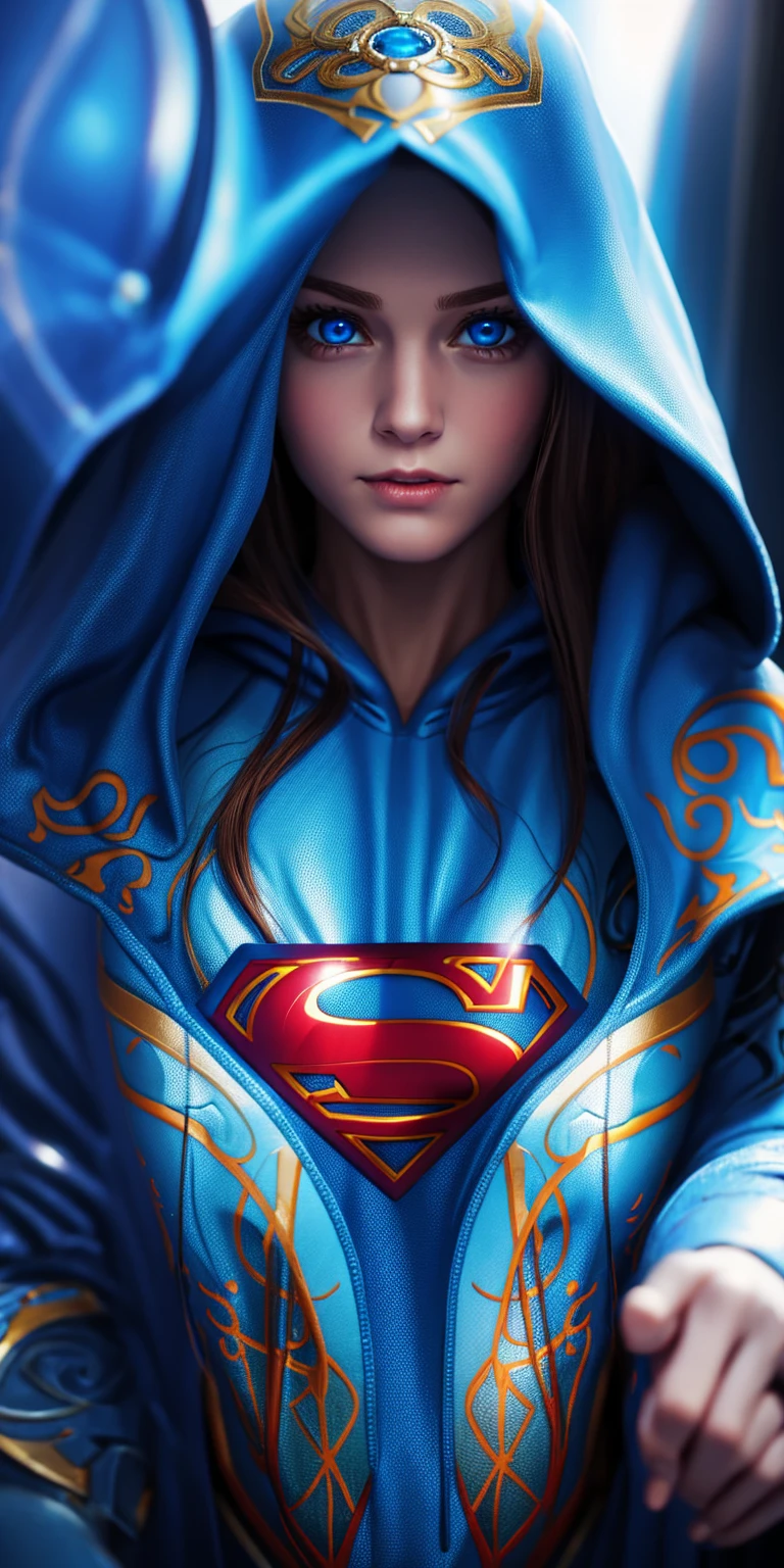 Supergirl, in a hoodie, shining blue eyes, Beautiful woman
