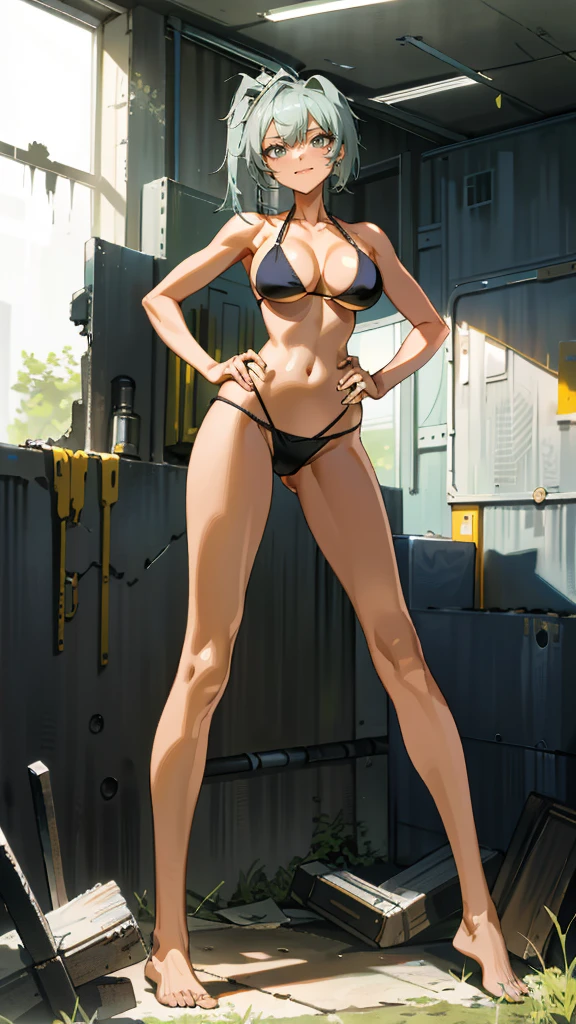 Masterpiece, best quality, Masterpiece, best quality, 1 woman , blue eyes , yellow ponytail , sly face , smile , bikini , abdomen, big breasts , Long legs , Barefoot , hands on hips , stand perfectly erect , abandoned factory