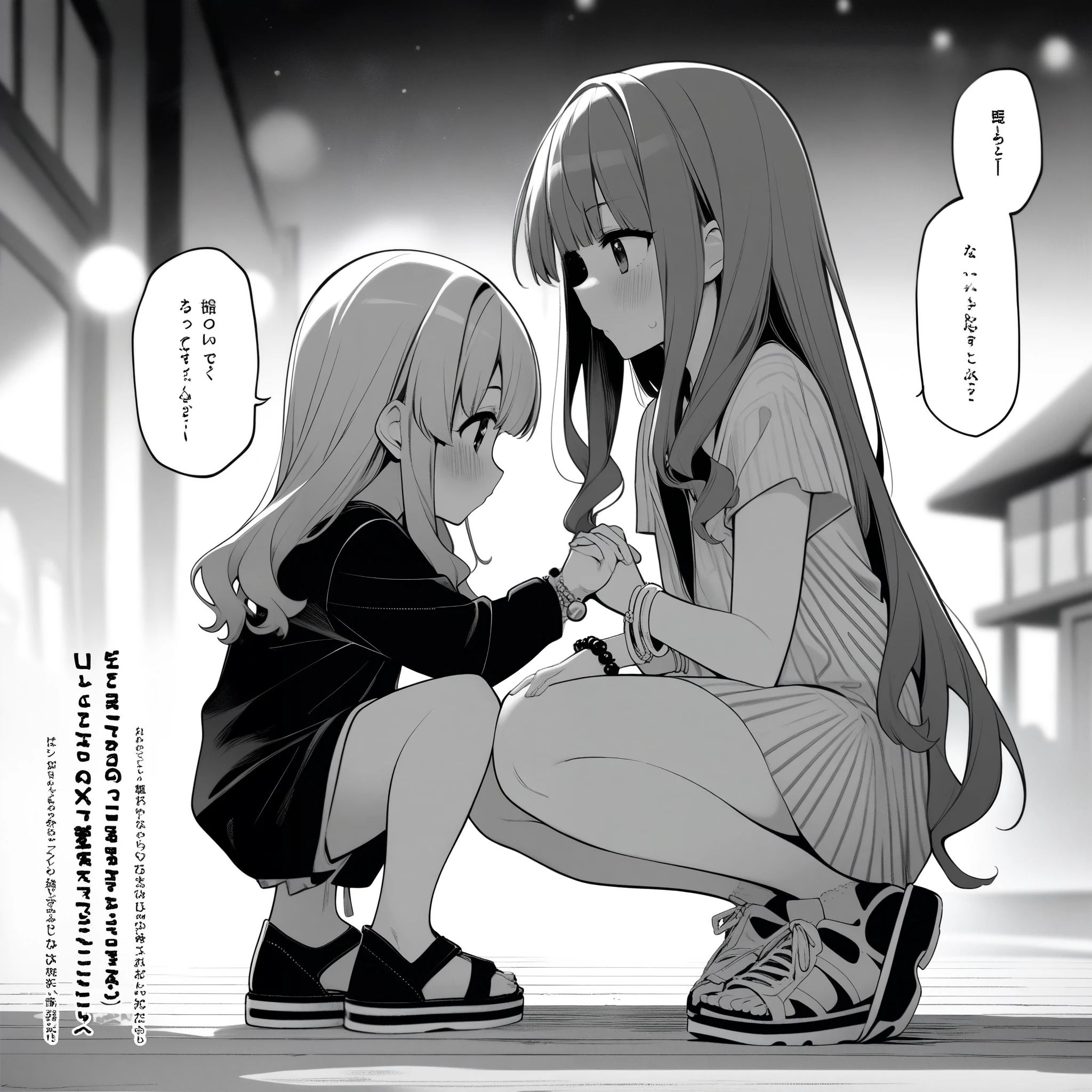 1girl, rei \(rei's room\), moketa, idolmaster, gakuen idolmaster, shinosawa hiro, aged down, bracelet, comic, greyscale, hand on another's leg, jewelry, long hair, sandals, shoes, sneakers, squatting, very long hair, blurry background, best quality masterpiece, greyscale, manga-style, japanese, chi no wadachi, iced, lineart, official art, intricate details, masterpiece, ((very aesthetic, best quality, ultra detailed))
