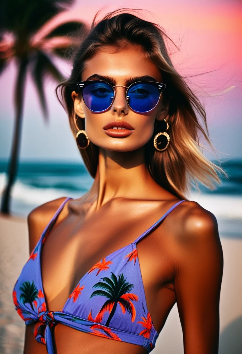 (young adelia tee: 1.5), women's glasses "rayban" , (detailed wild beach with palm trees,red sunset on the sea),( blue eyes 1,5), (bob hair neon colored with a lilac shade),thin eyebrows, (bust 4: 1,5),tan,wide pelvis and hips, (wide pelvis), (( bikini of "gucci":1,1)),dslr, film grain, nikon d foto, hdf, highly professional,, stunning, highly, rastr
