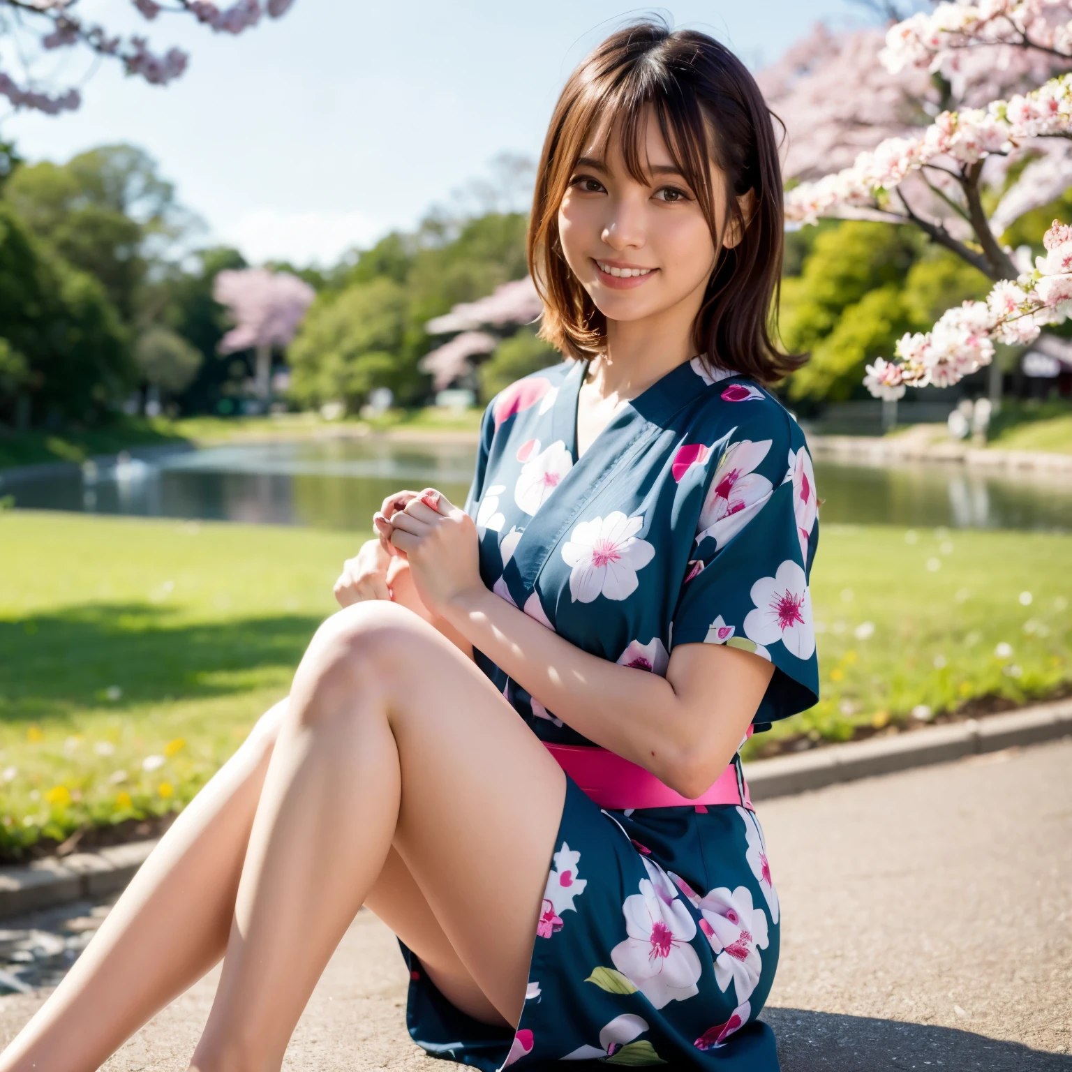 best quality, ultra high res, (photorealistic:1.4),blush,cute,(detailed face),light smile, looking at viewer, full body, yukata clothes, sunny,river,(cherry blossoms),blue sky, sit with knees raised, sleeveless, armpit, arm raised, slightly spread leg,