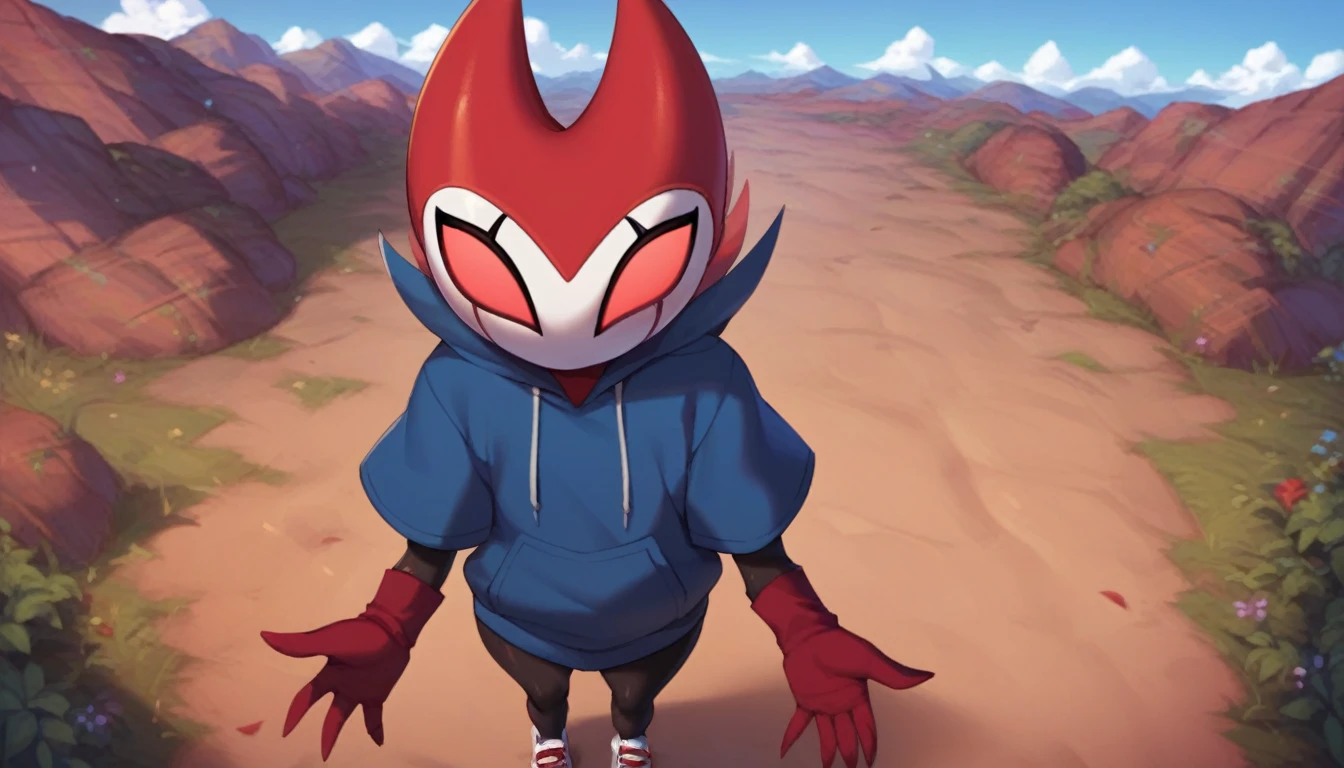 score_9, score_8_up, score_7_up, score_6_up, zPDXL2, grimm \(hollow knight\), vampire, bat, 1boy, solo, cute face, detailed eyes, anthro, landscape, looking at the viewer, highlight thighs, red sports gloves, sneakers, blue hooded sweatshirt, outdoor, In the woods, front view, from front, standing, looking to the camera 