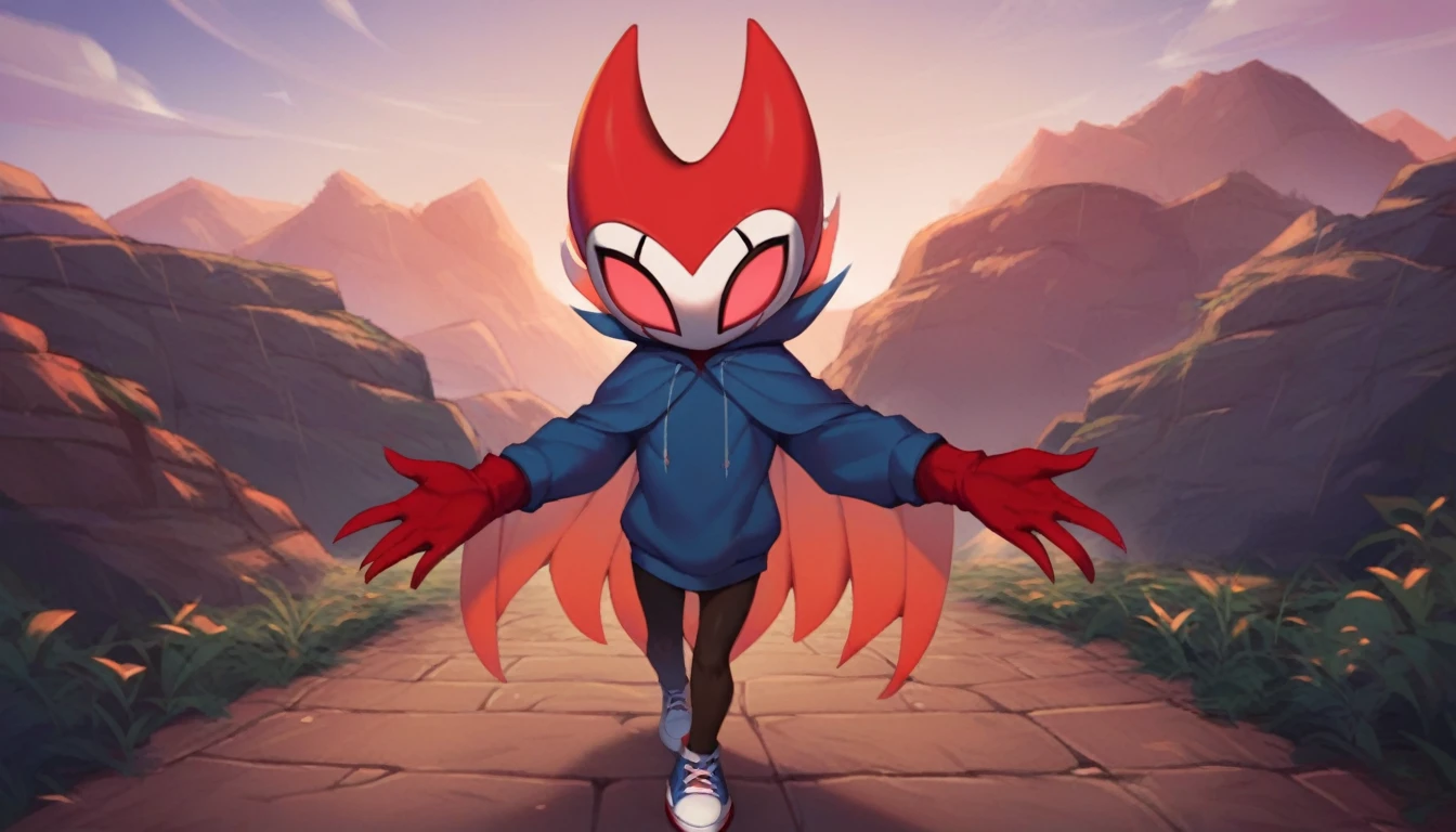 score_9, score_8_up, score_7_up, score_6_up, zPDXL2, grimm \(hollow knight\), vampire, bat, 1boy, solo, cute face, detailed eyes, anthro, landscape, looking at the viewer, highlight thighs, red sports gloves, sneakers, blue hooded sweatshirt, outdoor, In the woods, front view, from front, standing, looking to the camera