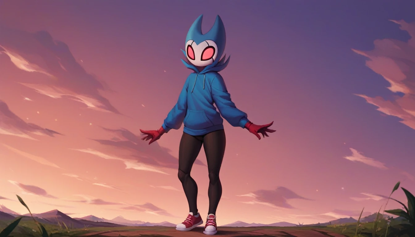 score_9, score_8_up, score_7_up, score_6_up, zPDXL2, grimm \(hollow knight\), vampire, bat, 1boy, solo, cute face, detailed eyes, anthro, landscape, looking at the viewer, highlight thighs, red sports gloves, sneakers, blue hooded sweatshirt, outdoor, In the woods, front view, from front, standing, looking to the camera 