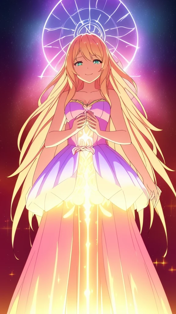 beautiful girl, puffy tiered ballgown, vibrant pastel colors,(20years old,madure female),white dress,cleavage,sleeveless,((glowing blonde long hair)), magical lights, sparkling magical liquid, inspired by Glen Keane, inspired by Lois van Baarle, disney art style, by Lois van Baarle, glowing aura around her, by Glen Keane, jen bartel, glowing lights! digital painting, flowing glowing hair, glowing flowing hair, beautiful digital illustration, fantasia background, whimsical, magical, fantasy, ((masterpiece, best quality)), intricate details, highly detailed, sharp focus, 8k resolution, sparkling detailed eyes, liquid watercolor,(extra arms),squinted eyes,evil smile,from below