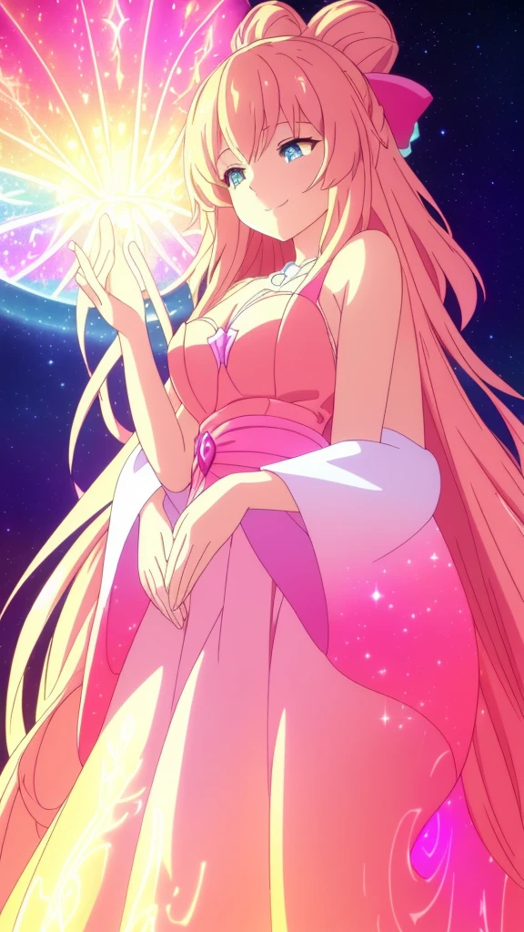 beautiful girl, puffy tiered ballgown, vibrant pastel colors,(20years old,madure female),white dress,cleavage,sleeveless,((glowing blonde long hair)), magical lights, sparkling magical liquid, inspired by Glen Keane, inspired by Lois van Baarle, disney art style, by Lois van Baarle, glowing aura around her, by Glen Keane, jen bartel, glowing lights! digital painting, flowing glowing hair, glowing flowing hair, beautiful digital illustration, fantasia background, whimsical, magical, fantasy, ((masterpiece, best quality)), intricate details, highly detailed, sharp focus, 8k resolution, sparkling detailed eyes, liquid watercolor,(extra arms),squinted eyes,evil smile,from below