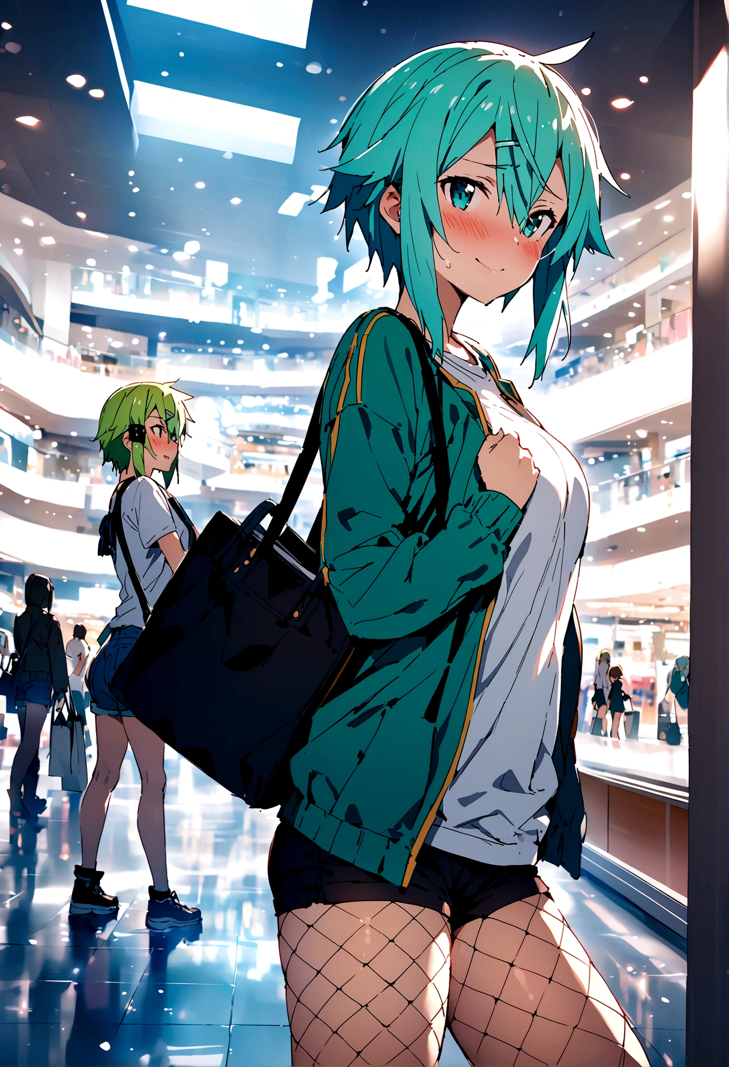 NSFW,masterpiece,Highest quality,High resolution,Super detailed,Sinon\(Sword Art Online\),Jacket,White T-shirt,cropped,Shorts,Fishnet tights,Shoulder bag,Embarrassed,expectant face,smile,blush,Shopping mall,Lingerie Shop,Date,From the side