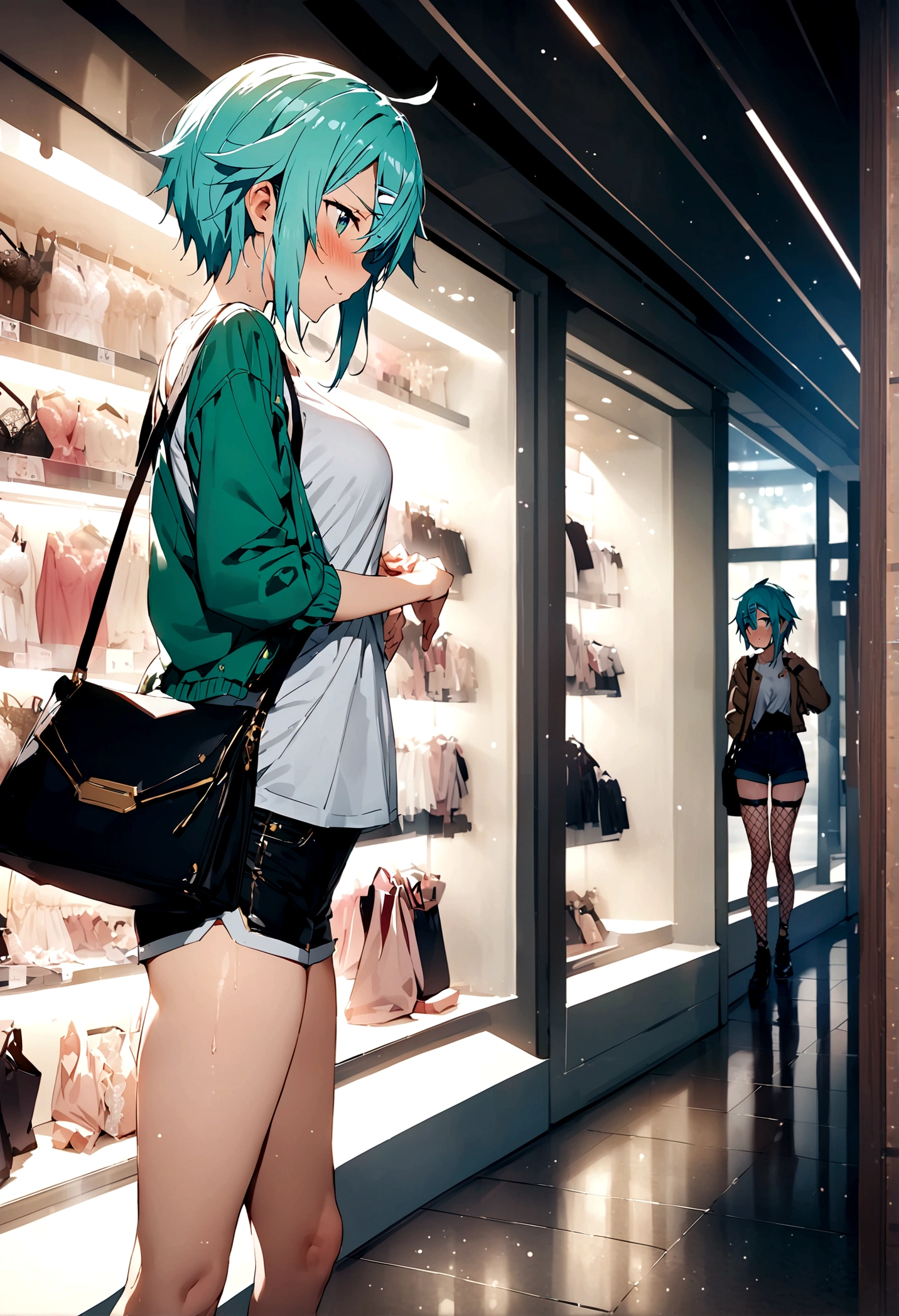 NSFW,masterpiece,Highest quality,High resolution,Super detailed,Sinon\(Sword Art Online\),Jacket,White T-shirt,cropped,Shorts,Fishnet tights,Shoulder bag,Embarrassed,expectant face,smile,blush,Shopping mall,Lingerie Shop,Date,From the side