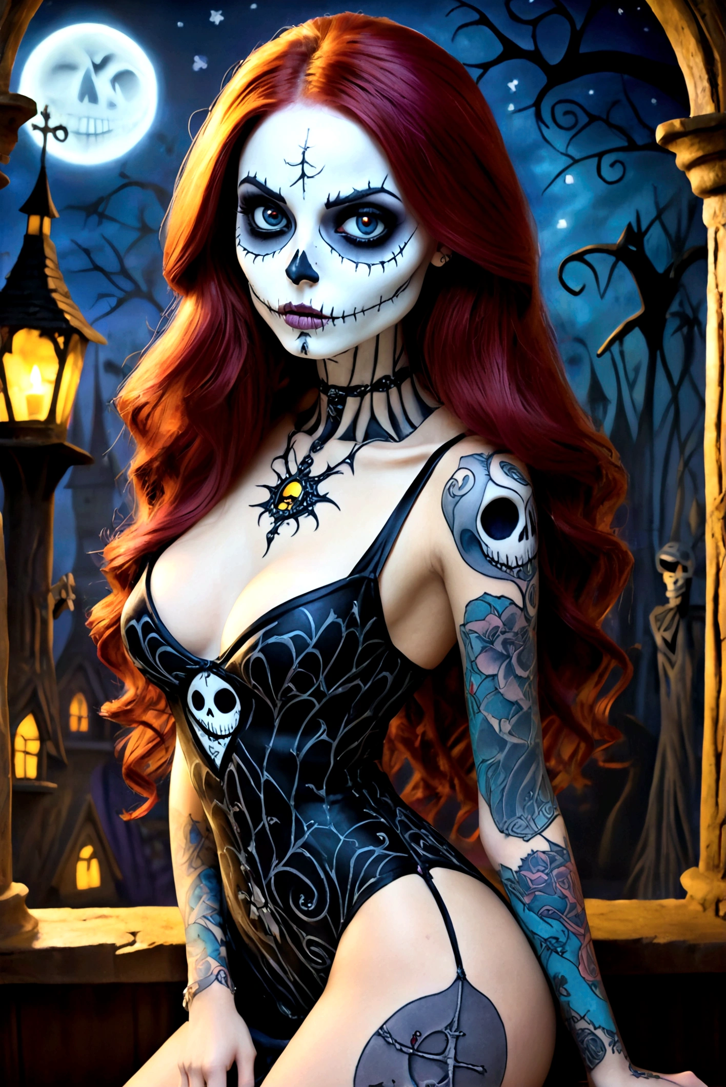 Create a hyper detailed photograph of a nightmare before Christmas tattooed young sexy sally Skellington, Stunningly perfect gorgeous face, suger skull death makeup, detailed vibrant eyes, long hair,detailed perfect beautiful legs, detailed perfect beautiful arms, realistic torso, sally Skellington detailed silky smooth skin texture,detailed silky smooth perky breast, perfect round ass, nightmare before Christmas sexy seductive strappy dress, facing forward looking forward, ass facing viewer,