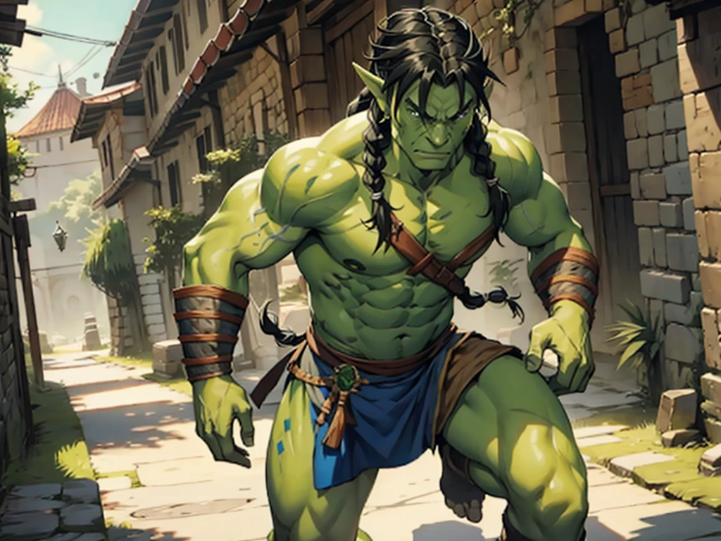 Half-Orc with braided hair, greenskin, mascle