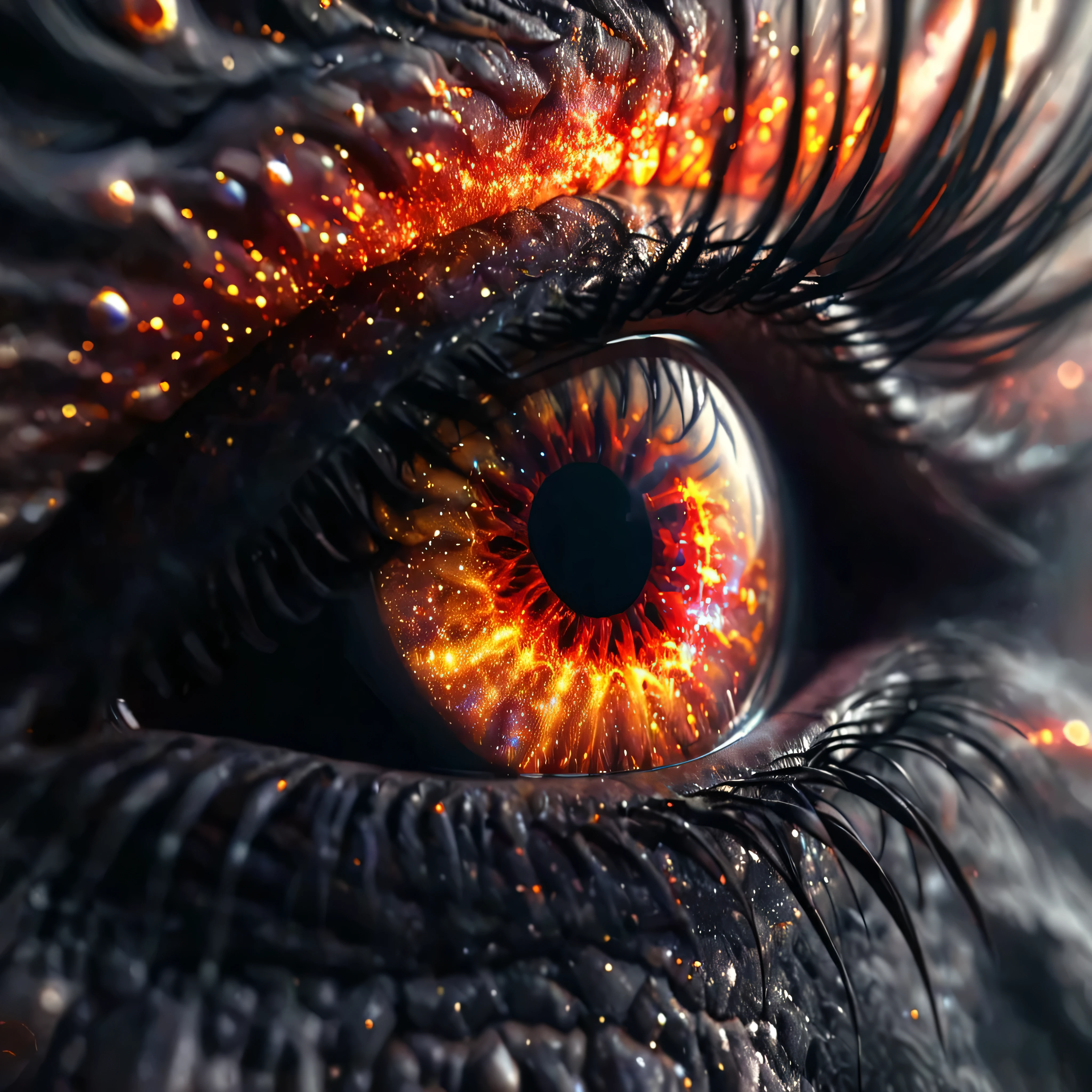 Imagine an eye crafted from the very essence of a star, its form a mesmerizing blend of celestial and monstrous attributes, yet fitting seamlessly into the visage of your character. The outer edge of this eye glows with a smoldering, royal gold that exudes an eerie warmth, akin to the surface of a sun. As you move closer to the iris, the color deepens into a blood-red, forming intricate, swirling patterns reminiscent of the cosmos, with flecks of luminous gold embedded within the red, resembling stars in a distant galaxy.

The sclera is an inky black, providing a stark contrast that amplifies the otherworldly glow of the iris. The pupil is elongated and slit-like, shifting and contracting as if harboring a life of its own, giving the impression of a predatory focus, perfect for a character with an intense, otherworldly presence. Tiny, jagged red veins radiate from the pupil, pulsing with a dark, ominous energy, adding to the eye's intimidating aura.

Contained within the structure of the eye are wisps of ethereal, red-gold cosmic energy and smoke. These nebulous clouds echo the remnants of stars long extinguished, swirling and drifting in a controlled, captivating dance. This blend of colors and textures creates a sense of depth and infinite complexity, making the eye seem both ancient and otherworldly, a window into the birth and death of stars while maintaining its form as a singular, cohesive entity that enhances your character's mysterious and powerful appearance.