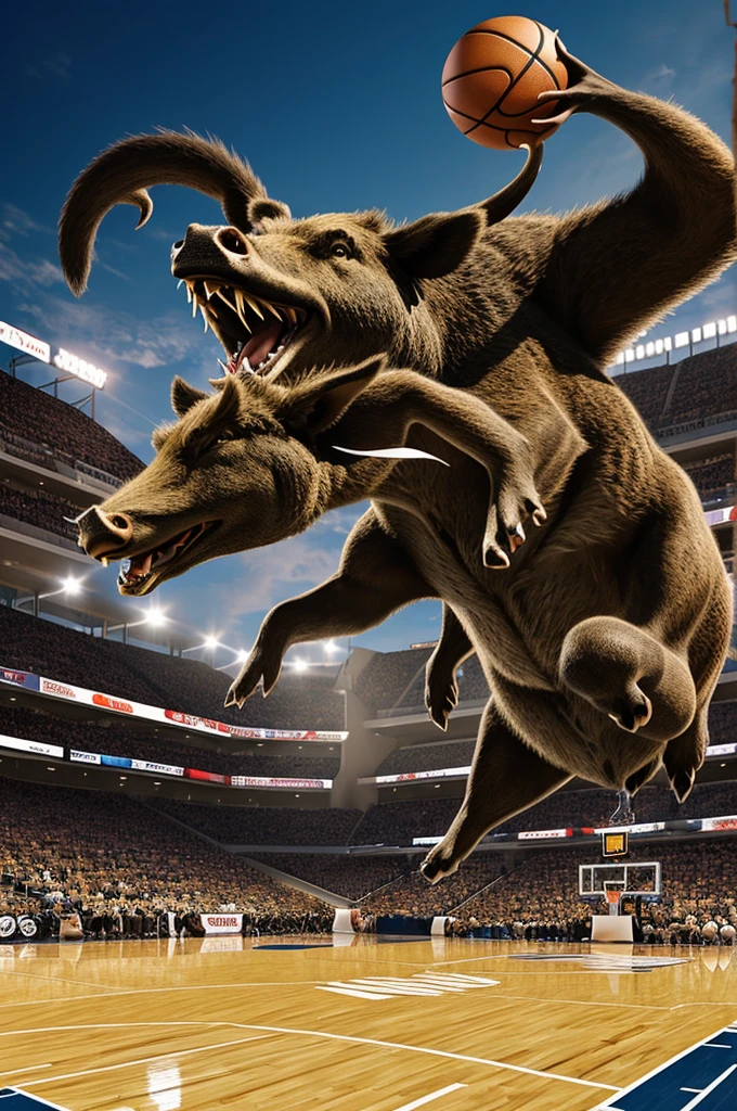 2D, illustration, hydra fighting a wild boar, basketball stadium