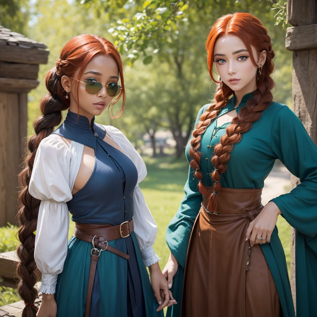 One with red hair tied in a voluminous braid with brown skin with vitiligo green eyes thin wearing a medieval outfit in shades of blue and brown