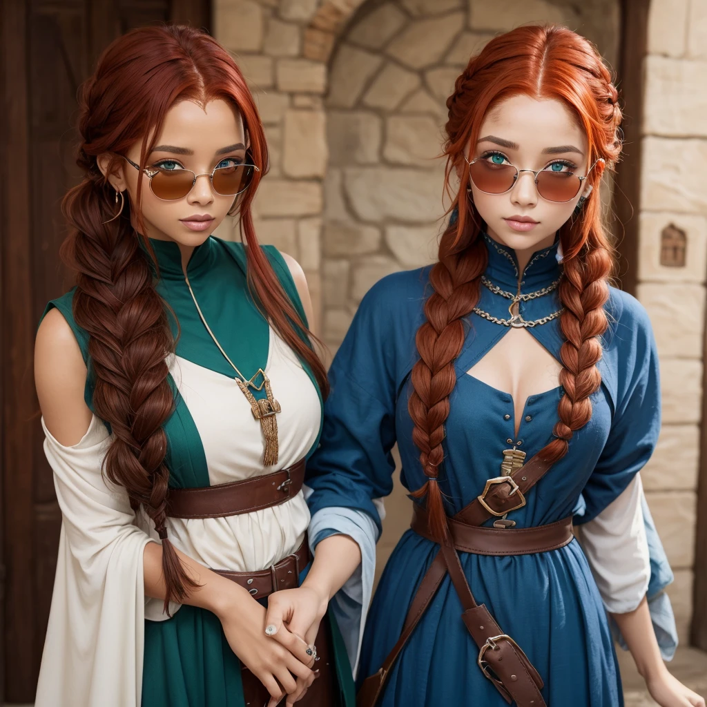 One with red hair tied in a voluminous braid with brown skin with vitiligo green eyes thin wearing a medieval outfit in shades of blue and brown 