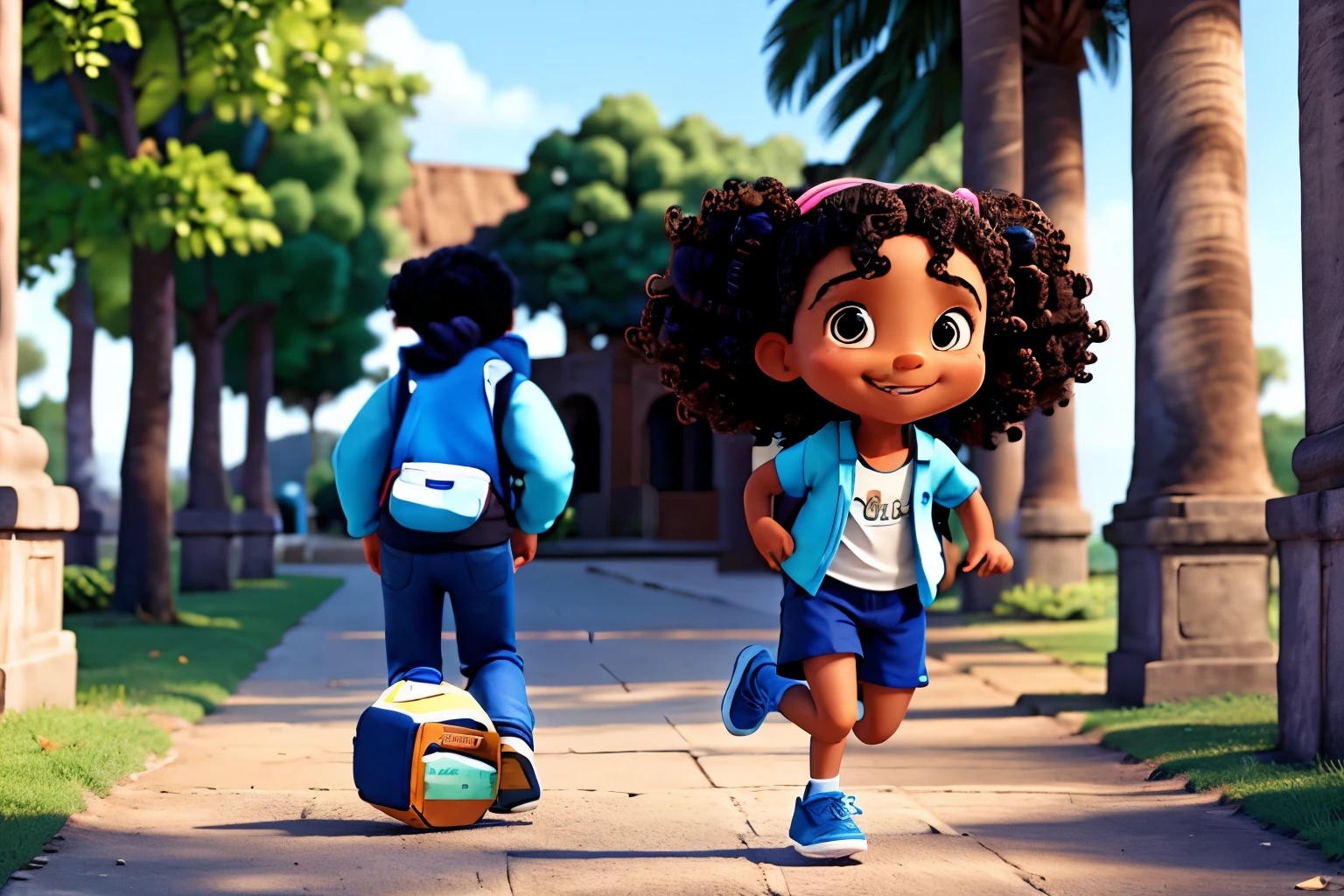 BEBE MORENA WITH CURLY HAIR, TWO YEARS OLD, RUNNING AND JUMPING VERY FAST, smiling in blue shorts , white shirt DARK BLUE LONG SLEEVE JACKET BLACK sneakers WITH BACKPACK ON THE BACK