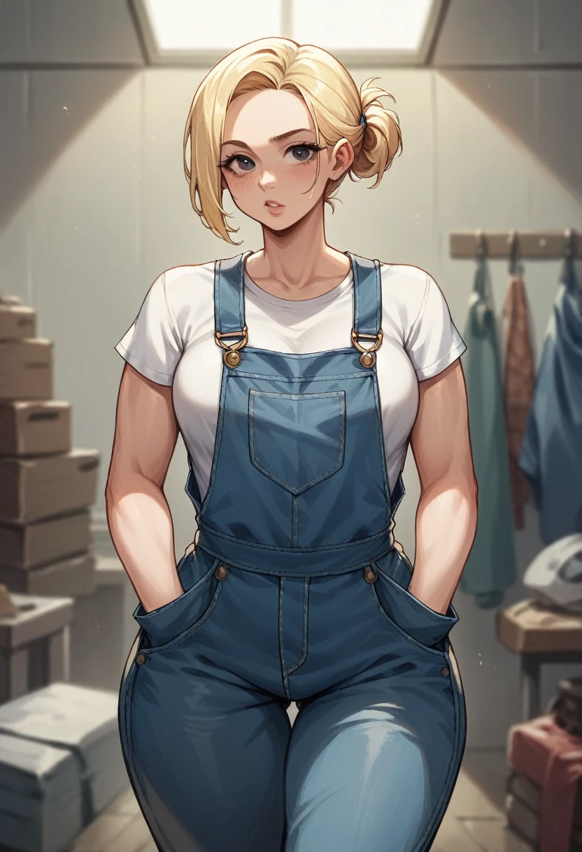 raw photo, (1 American girl), 25 years old, bob hairstyle, blonde hair, slim body, fitness figure, , huge hips, in overalls, (black overalls), in an old workshop, dim light,