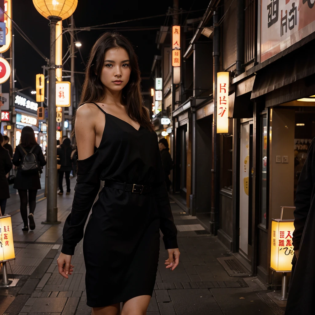 Female supermodel. Black dress. Dim, soft lighting. Sunset. Sugamo Jizodori Shopping Street, Tokyo, Japan.