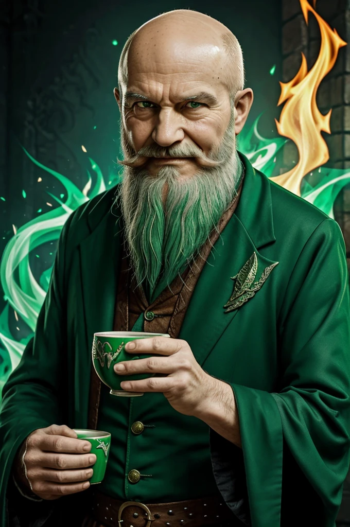 Salazar Slytherin holding a winner's cup, with green fire (old man, bald, with beard, cartoon style, evil) estilo anime 
