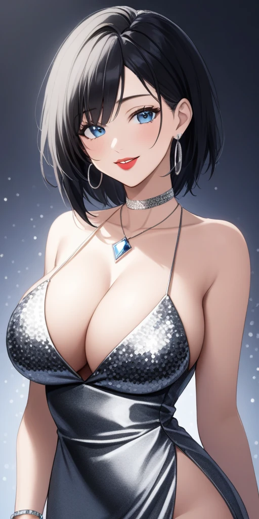 Hot sexy young babe , blue eyes, black hair,big silver hoops earrings ,red lipstick , smooth skin,sharp jawline, detailed face, silver bracelet , silver necklace , saggy breasts, smiling ,cleavage,femlae wolf hair cut , short sequin dress