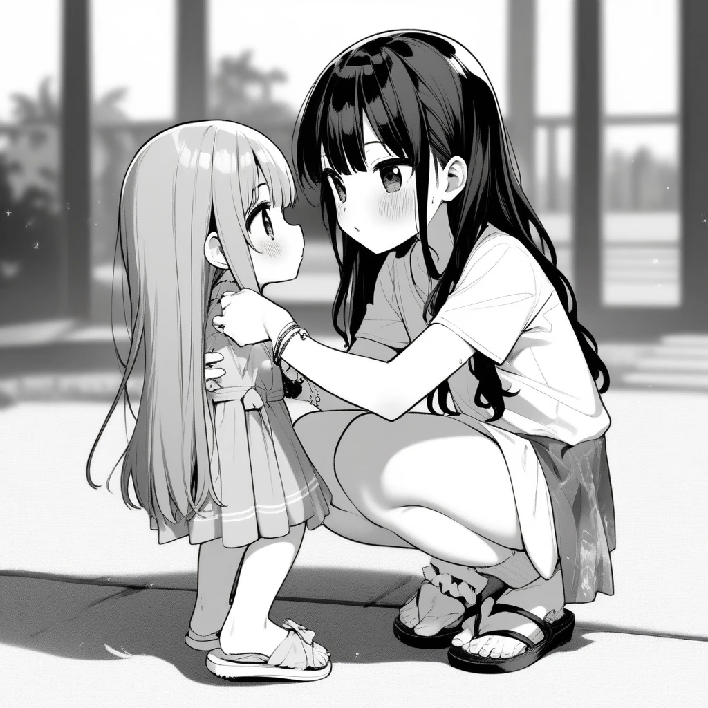 1girl, rei \(rei's room\), moketa, idolmaster, gakuen idolmaster, shinosawa hiro, aged down, bracelet, comic, hand on another's leg, jewelry, long hair, sandals, shoes, sneakers, squatting, very long hair, blurry background, best quality masterpiece, greyscale, manga-style, japanese, chi no wadachi, iced, lineart, official art, intricate details, masterpiece, greyscale, ((very aesthetic, best quality, ultra detailed))

