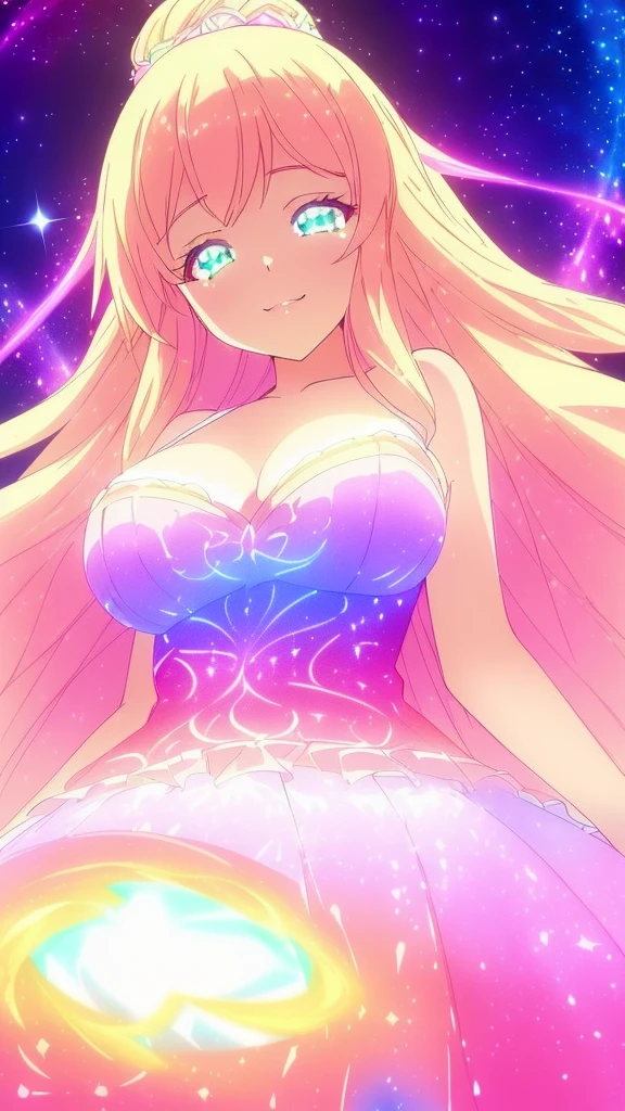 beautiful girl, puffy tiered ballgown, vibrant pastel colors,(20years old,madure female),white dress,cleavage,sleeveless,((glowing blonde long hair)), magical lights, sparkling magical liquid, inspired by Glen Keane, inspired by Lois van Baarle, disney art style, by Lois van Baarle, glowing aura around her, by Glen Keane, jen bartel, glowing lights! digital painting, flowing glowing hair, glowing flowing hair, beautiful digital illustration, fantasia background, whimsical, magical, fantasy, ((masterpiece, best quality)), intricate details, highly detailed, sharp focus, 8k resolution, sparkling detailed eyes, liquid watercolor,squinted eyes,evil smile,from below