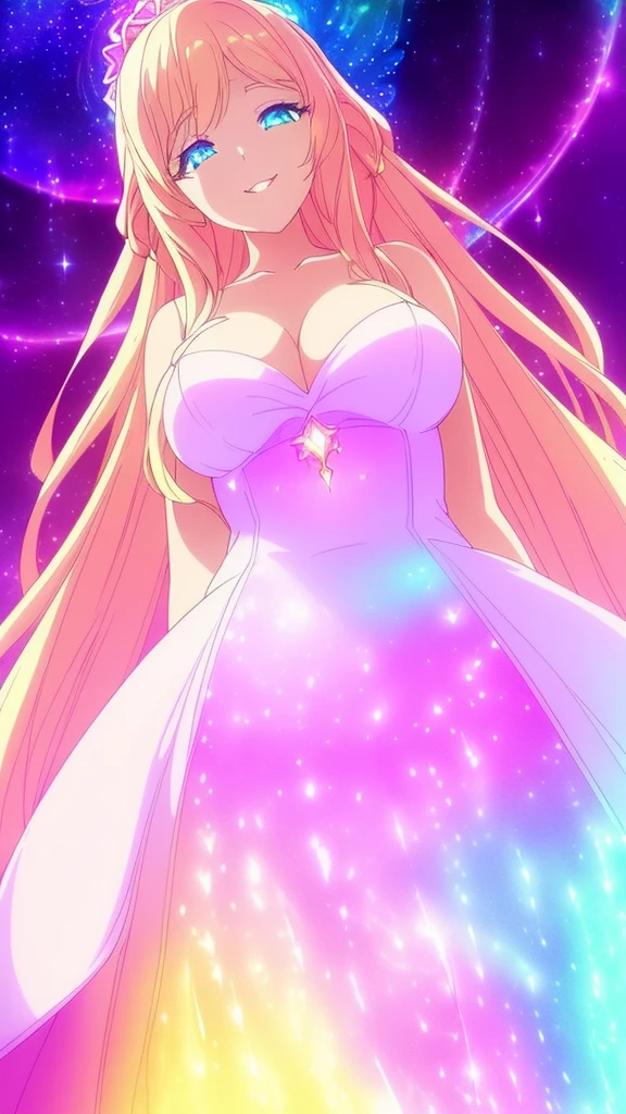 beautiful girl, puffy tiered ballgown, vibrant pastel colors,(20years old,madure female),white dress,cleavage,sleeveless,((glowing blonde long hair)), magical lights, sparkling magical liquid, inspired by Glen Keane, inspired by Lois van Baarle, disney art style, by Lois van Baarle, glowing aura around her, by Glen Keane, jen bartel, glowing lights! digital painting, flowing glowing hair, glowing flowing hair, beautiful digital illustration, fantasia background, whimsical, magical, fantasy, ((masterpiece, best quality)), intricate details, highly detailed, sharp focus, 8k resolution, sparkling detailed eyes, liquid watercolor,squinted eyes,evil smile,from below