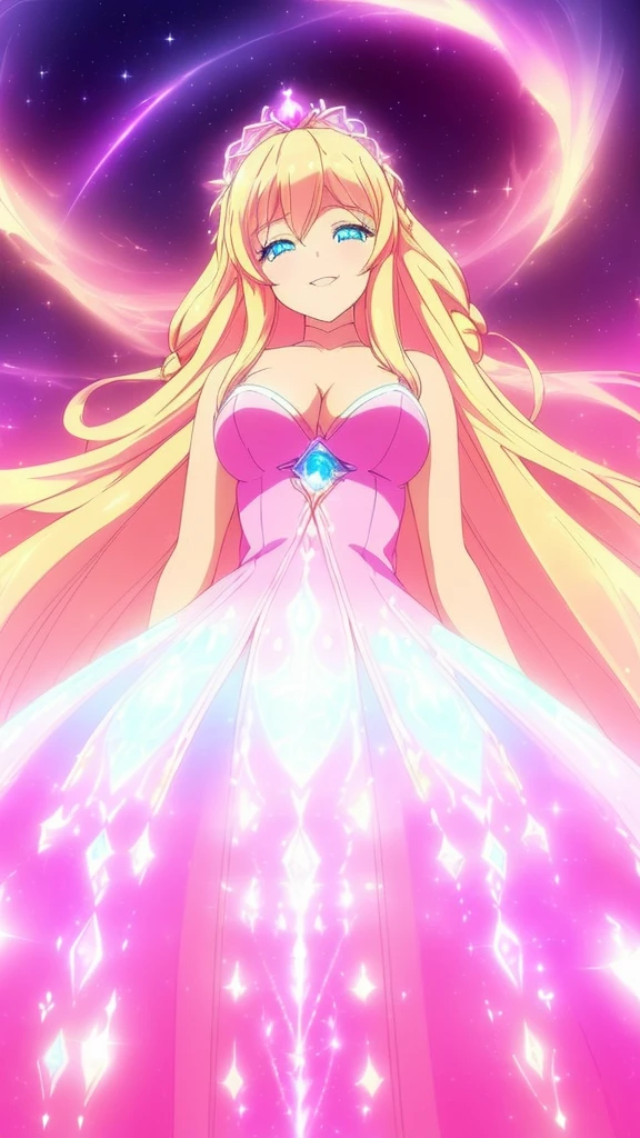 beautiful girl, puffy tiered ballgown, vibrant pastel colors,(20years old,madure female),white dress,cleavage,sleeveless,((glowing blonde long hair)), magical lights, sparkling magical liquid, inspired by Glen Keane, inspired by Lois van Baarle, disney art style, by Lois van Baarle, glowing aura around her, by Glen Keane, jen bartel, glowing lights! digital painting, flowing glowing hair, glowing flowing hair, beautiful digital illustration, fantasia background, whimsical, magical, fantasy, ((masterpiece, best quality)), intricate details, highly detailed, sharp focus, 8k resolution, sparkling detailed eyes, liquid watercolor,squinted eyes,evil smile,from below