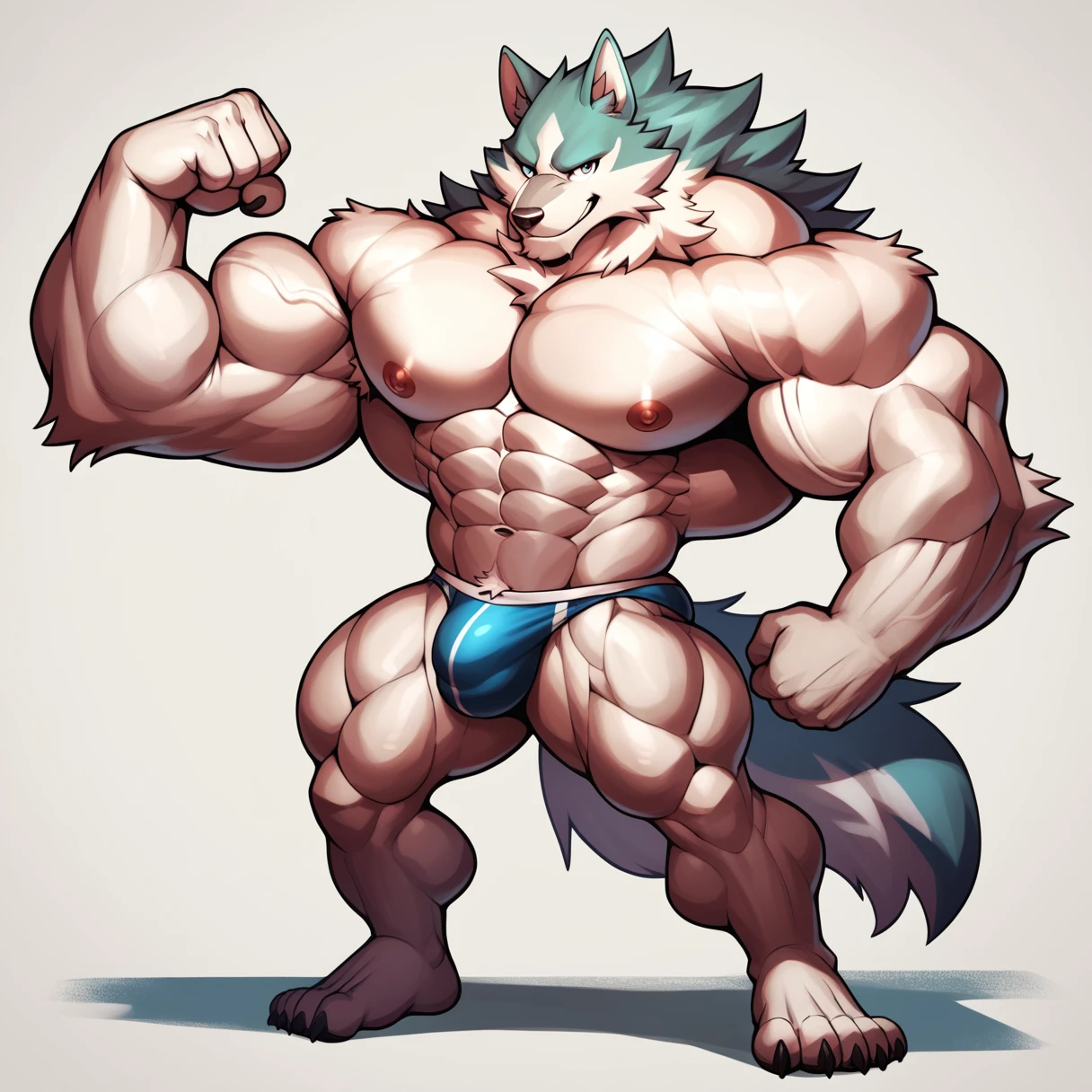 shirou ogami, wolf anthro, muscular, body-builder, lobo, the second, large pectorals, venous muscles, Huge muscles, thin waist, flexing, wearing speedo, smiling, full body