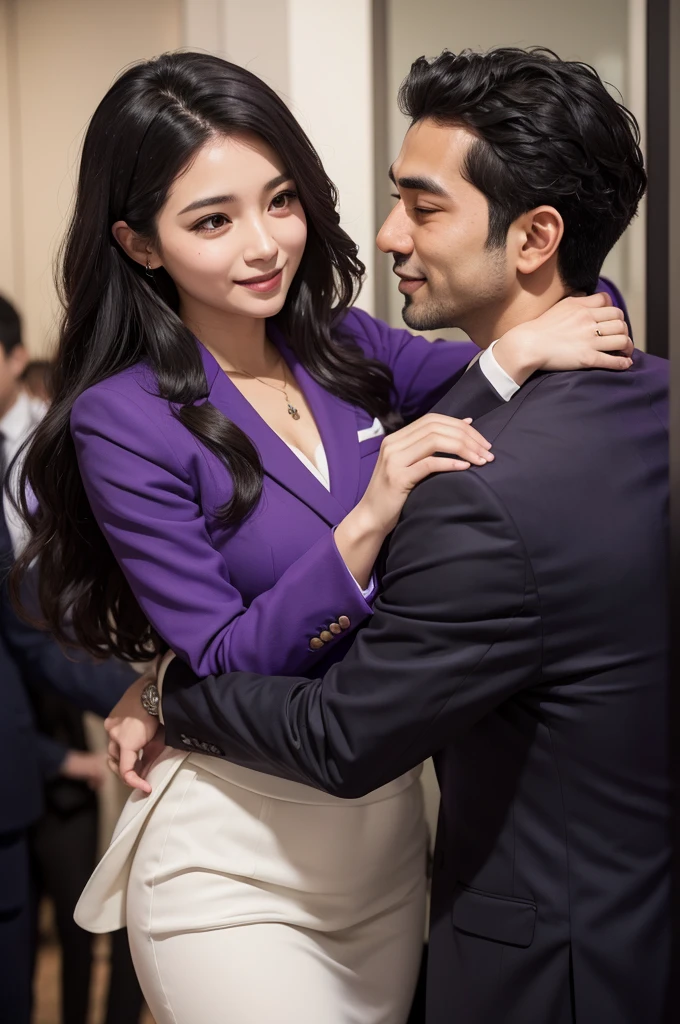 A white Brazilian woman with wavy hair hugs a slim black-haired Asian man in a purple suit
