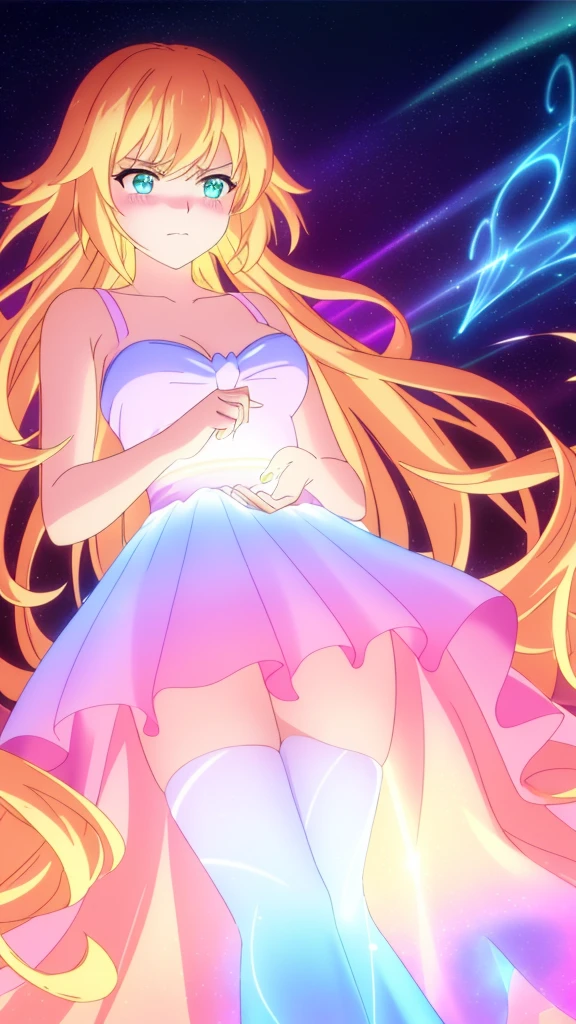 beautiful girl, puffy tiered ballgown, vibrant pastel colors,(20years old,madure female),(angry),closed mouth,white dress,cleavage,sleeveless,((glowing blonde long hair)), magical lights, sparkling magical liquid, inspired by Glen Keane, inspired by Lois van Baarle, disney art style, by Lois van Baarle, glowing aura around her, by Glen Keane, jen bartel, glowing lights! digital painting, flowing glowing hair, glowing flowing hair, beautiful digital illustration, fantasia background, whimsical, magical, fantasy, ((masterpiece, best quality)), intricate details, highly detailed, sharp focus, 8k resolution, sparkling detailed eyes, liquid watercolor,from below