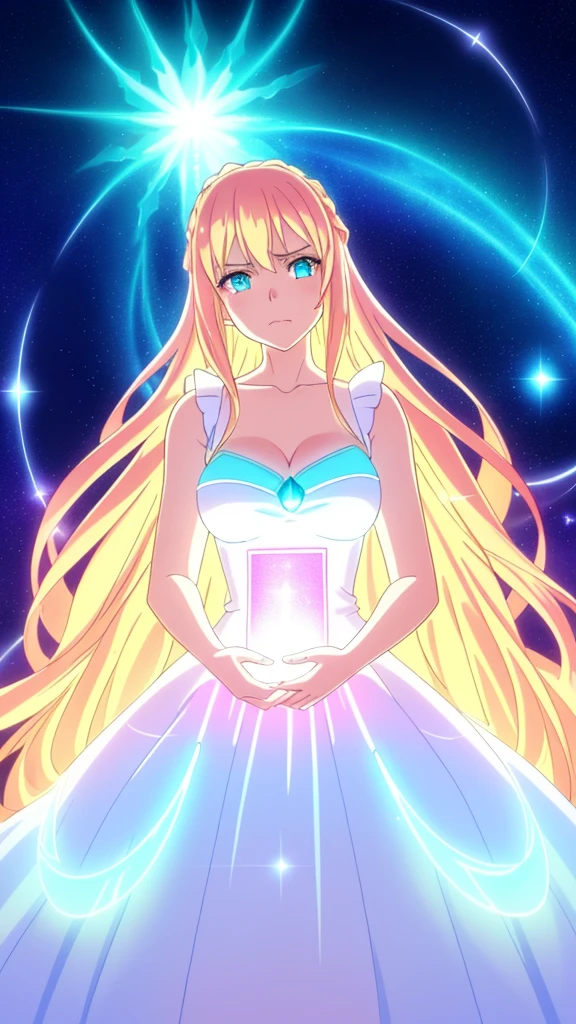 beautiful girl, puffy tiered ballgown, vibrant pastel colors,(20years old,madure female),(angry),closed mouth,white dress,cleavage,sleeveless,((glowing blonde long hair)), magical lights, sparkling magical liquid, inspired by Glen Keane, inspired by Lois van Baarle, disney art style, by Lois van Baarle, glowing aura around her, by Glen Keane, jen bartel, glowing lights! digital painting, flowing glowing hair, glowing flowing hair, beautiful digital illustration, fantasia background, whimsical, magical, fantasy, ((masterpiece, best quality)), intricate details, highly detailed, sharp focus, 8k resolution, sparkling detailed eyes, liquid watercolor,from below