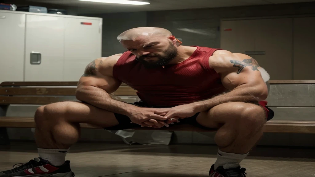 A sad and distraught muscular man with a shaved head and beard skates, wearing a red freestyle wrestler's suit, sitting on a bench in the locker room (best quality,4k,8k,highres,masterpiece:1.2),ultra detailed,(realistic,photorealistic,photorealistic:1.37),hyper detail,cinematic lighting,intricate details,sweat glistening,intense facial expressions,vivid colours,dramatic scene