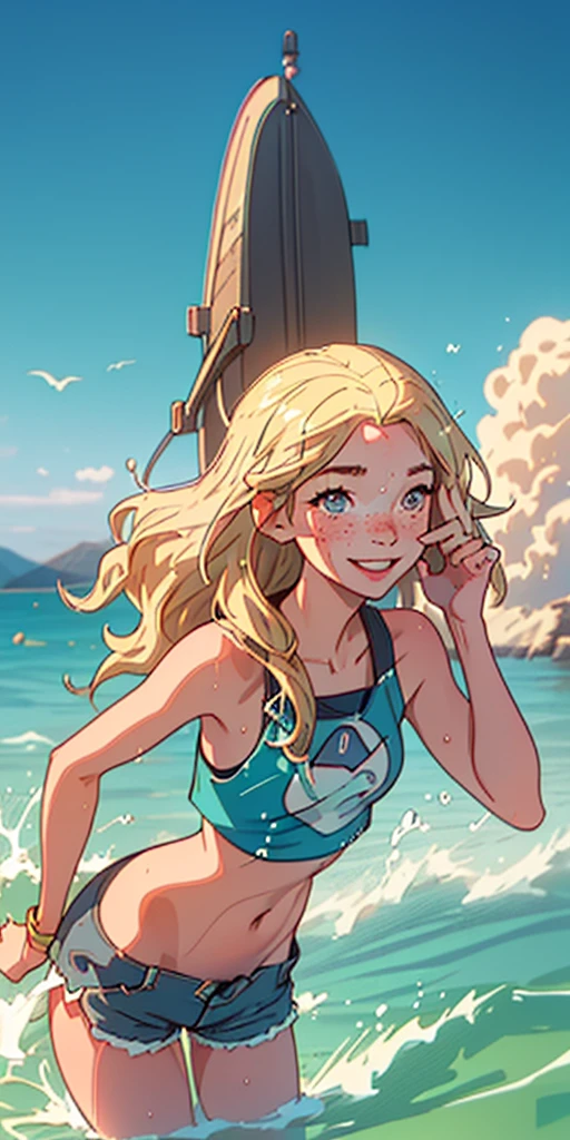 (best quality, masterpiece), 1girl, upper body, paw pose, smile, laughing, happy, ocean, crop top, shorts, blonde, freckles, blush, looking at viewer, wavy hair, long hair, cloud, splashing, waves, sun, mountain, wet