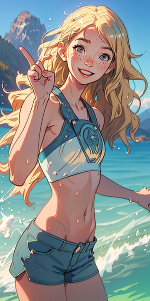 (best quality, masterpiece), 1girl, upper body, paw pose, smile, laughing, happy, ocean, crop top, shorts, blonde, freckles, blush, looking at viewer, wavy hair, long hair, cloud, splashing, waves, sun, mountain, wet