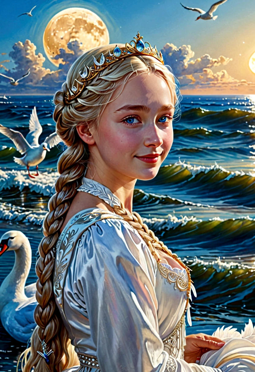 ,((Best quality))),8k,((Masterpiece)),(Extremely refined and beautiful), there is a girl coming out of the sea, a swan princess in Russian mythology, beautiful calm face, blue eyes, long blonde hair braided, the moon braided hair on the back of the head, white old Russian shiny clothes with a Kokoshnik crown on his head, affectionate eyes, half a smile, a gentle expression on his face, seascape and sunlight in the background, seagulls in the sky, full length, realism
