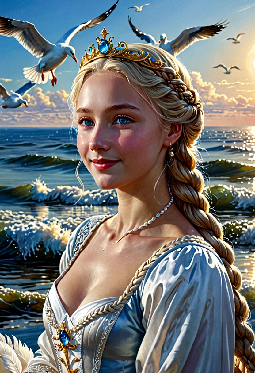 ,((Best quality))),8k,((Masterpiece)),(Extremely refined and beautiful), there is a girl coming out of the sea, a swan princess in Russian mythology, beautiful calm face, blue eyes, long blonde hair braided, the moon braided hair on the back of the head, white old Russian shiny clothes with a Kokoshnik crown on his head, affectionate eyes, half a smile, a gentle expression on his face, seascape and sunlight in the background, seagulls in the sky, full length, realism