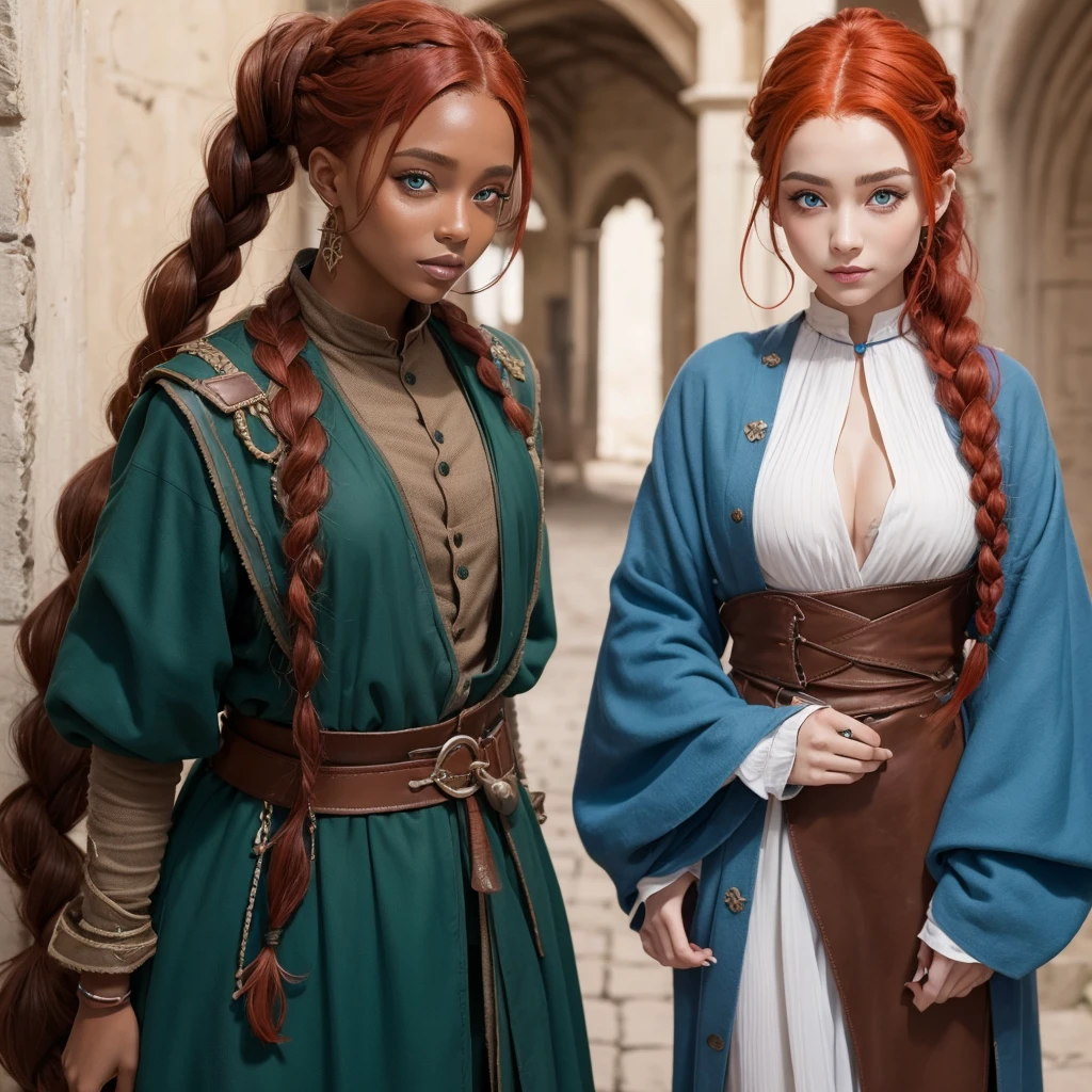 One with red hair tied in a voluminous one-sided braid with brown skin with vitiligo green eyes thin wearing a medieval outfit in shades of blue and brown, without glasses 