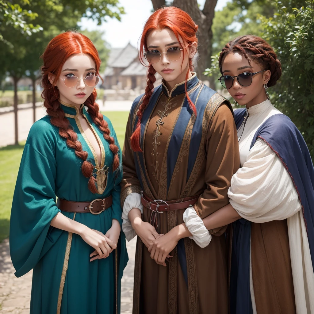 One with red hair tied in a voluminous one-sided braid with brown skin with vitiligo green eyes thin wearing a medieval outfit in shades of blue and brown, without glasses 
