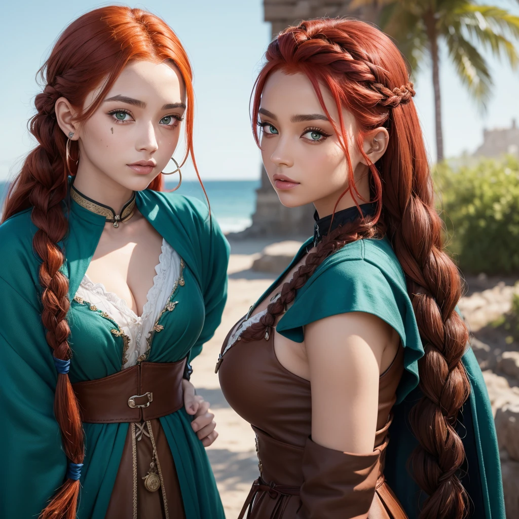 One with red hair tied in a voluminous one-sided braid with brown skin with vitiligo green eyes thin wearing a medieval outfit in shades of blue and brown, without glasses 