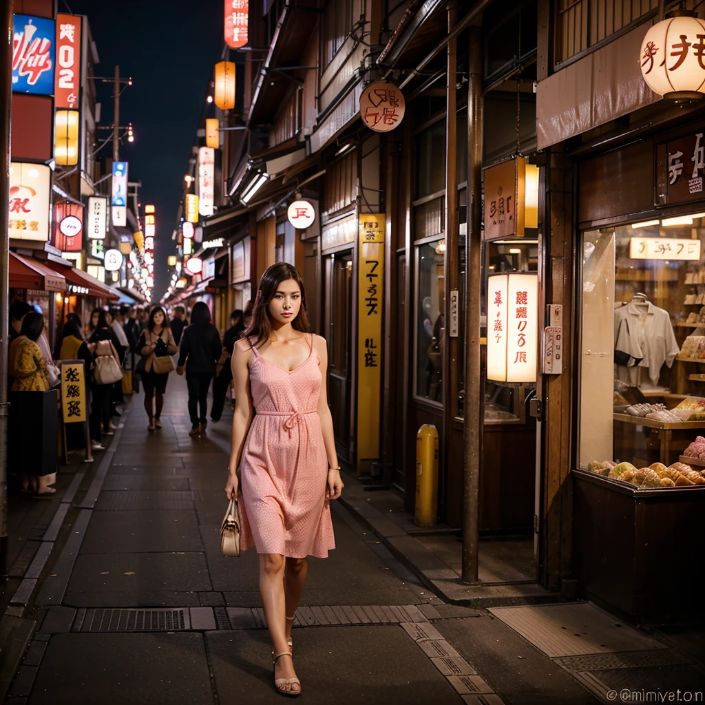 Female supermodel. Pink dress. Dim, soft lighting. Sunset. Sugamo Jizodori Shopping Street, Tokyo, Japan. Sunset.