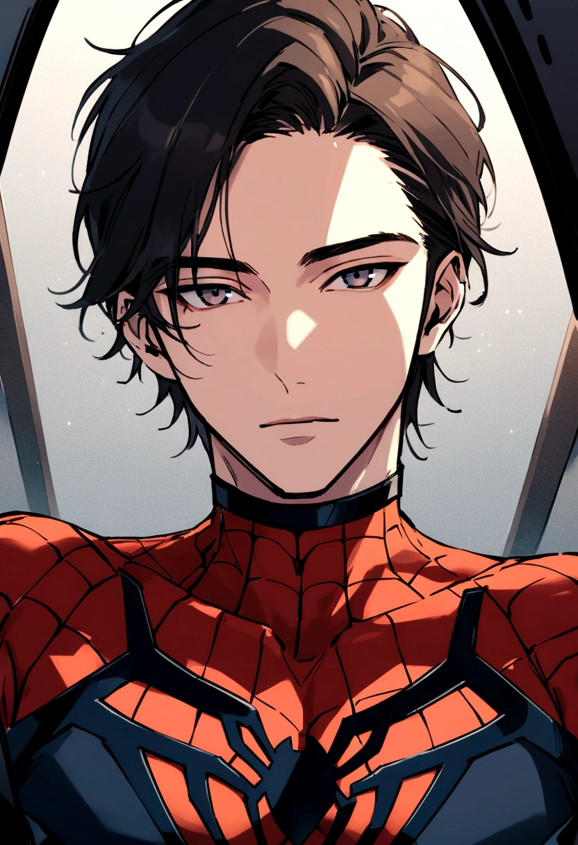 attractive 20 year old man, spider man suit, without mask, thousands of morals, , executive sexy man, Suit then, Front camera focus, portrait mode, perfectly straight in front of the camera