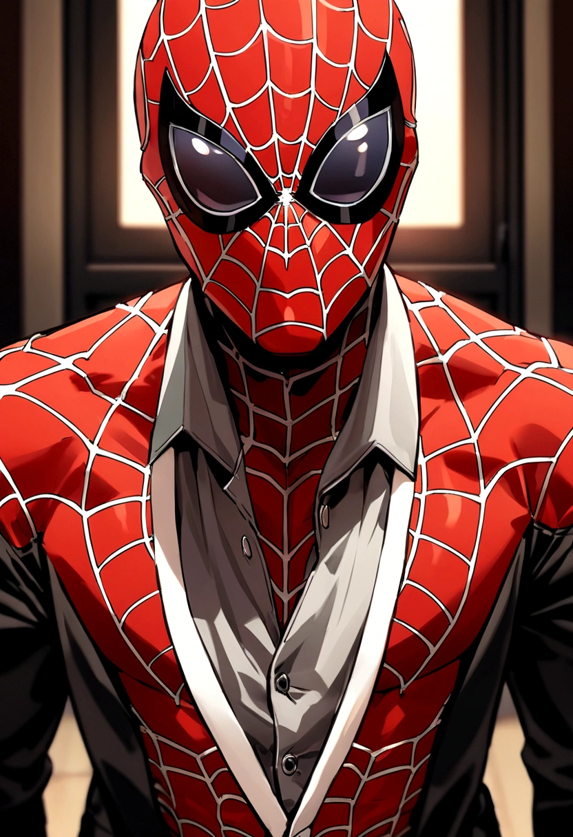 attractive 20 year old man, spider man suit, without mask, thousands of morals, , executive sexy man, Suit then, Front camera focus, portrait mode, perfectly straight in front of the camera