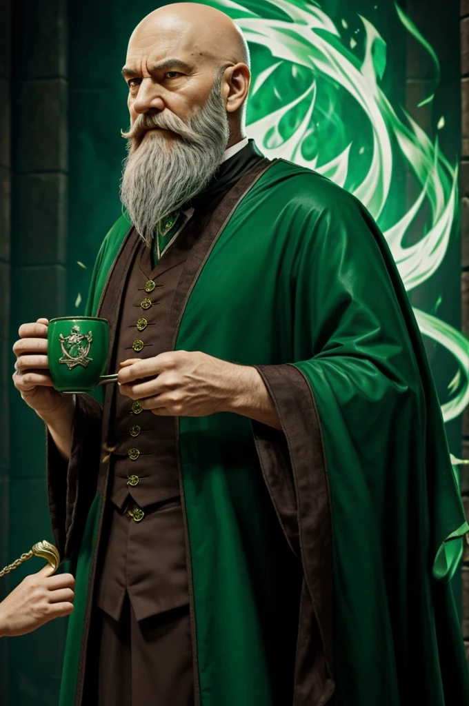Salazar Slytherin holding a winner's cup, with green fire (old man, bald, with beard, cartoon style, evil) estilo anime