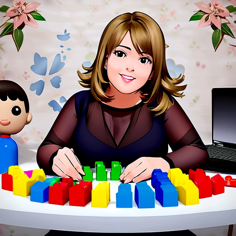 Create a pixar-style 3D poster of an education teacher . She is 44 years old, has long straight blonde hair. She is wearing a red blouse and a dark blue vest. She is teaching a small group of 4  and has several educational toys on the table..