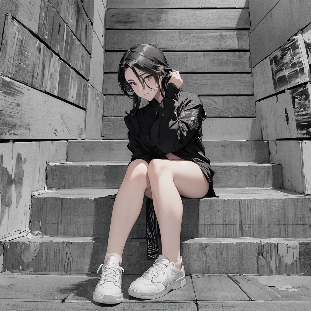 ((monochrome))(Image from chest up:1.4)((masterpiece:1.5,Highest quality,Beautiful images、Sketch、2.5D、Ink Painting、Artistic、Portraiture))(Profile Portrait,Straight ahead、take your eyes away from here、Shake your head、A sad expression, floating hair)(Plain background)from side