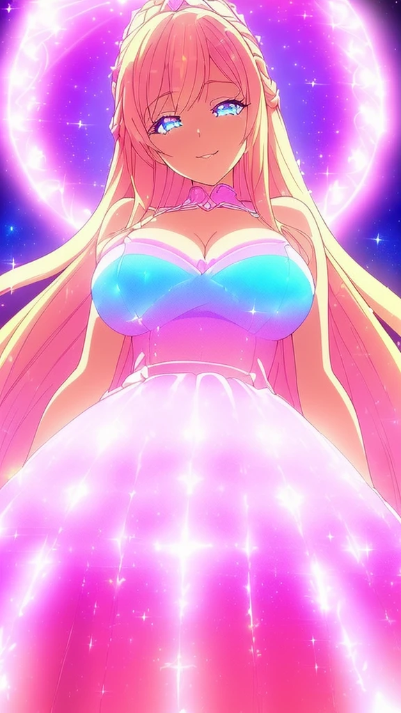 beautiful girl, puffy tiered ballgown, vibrant pastel colors,(20years old,madure female),white dress,cleavage,sleeveless,((glowing blonde long hair)), magical lights, sparkling magical liquid, inspired by Glen Keane, inspired by Lois van Baarle, disney art style, by Lois van Baarle, glowing aura around her, by Glen Keane, jen bartel, glowing lights! digital painting, flowing glowing hair, glowing flowing hair, beautiful digital illustration, fantasia background, whimsical, magical, fantasy, ((masterpiece, best quality)), intricate details, highly detailed, sharp focus, 8k resolution, sparkling detailed eyes, liquid watercolor,squinted eyes,evil smile,from below